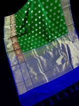 Green with Blue Pallu Banarasi saree in banarasi soft silk with silver & gold buttis with wide border — Kaash Collection