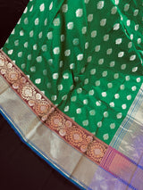 Green with Blue Pallu Banarasi saree in banarasi soft silk with silver & gold buttis with wide border — Kaash Collection