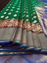 Green with Blue Pallu Banarasi saree in banarasi soft silk with silver & gold buttis with wide border — Kaash Collection