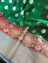 Green with Blue Pallu Banarasi saree in banarasi soft silk with silver & gold buttis with wide border — Kaash Collection