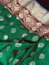 Green with Blue Pallu Banarasi saree in banarasi soft silk with silver & gold buttis with wide border — Kaash Collection