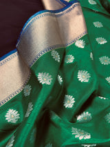 Statement Handmade Green Color Banarasi Soft Silk Saree with Blue Pallu - Kaash