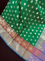 Statement Handmade Green Color Banarasi Soft Silk Saree with Blue Pallu - Kaash