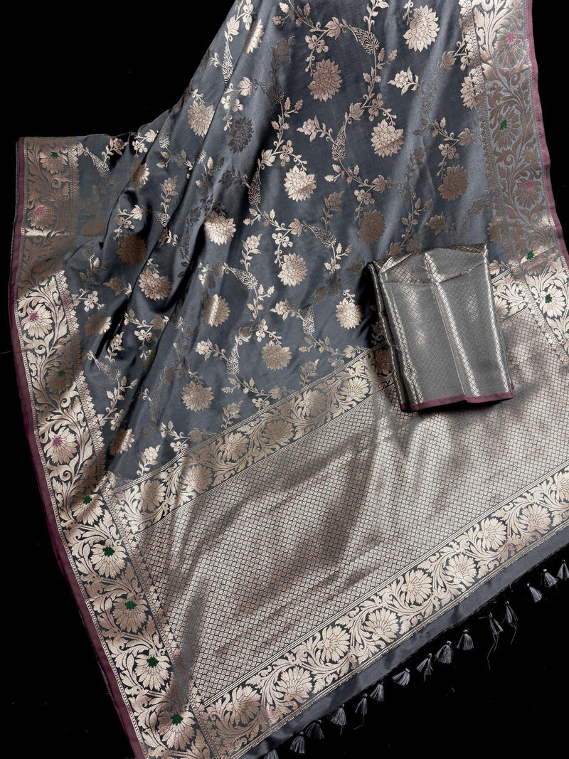 Grey Green Banarasi saree in banarasi semi katan silk with jaal weave with meenakari — Kaash Collection