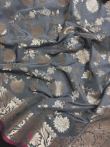 Grey Green Banarasi saree in banarasi semi katan silk with jaal weave with meenakari — Kaash Collection