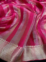 Statement Handmade Hot Pink Color Striped Banarasi Satin Tissue Silk Saree - Kaash