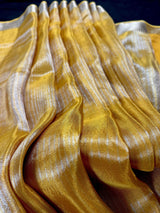 Statement Handmade Marigold Color Saree with thin Striped Banarasi Satin Tissue Silk Saree - Kaash