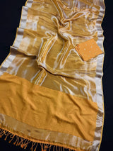 Statement Handmade Marigold Color Saree with thin Striped Banarasi Satin Tissue Silk Saree - Kaash