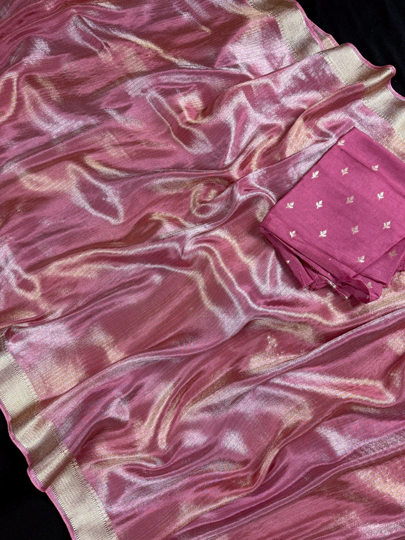 Statement Handmade Mauve Pink Color Saree with thin Striped Banarasi Satin Tissue Silk Saree - Kaash