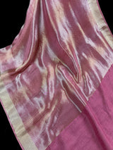 Statement Handmade Mauve Pink Color Saree with thin Striped Banarasi Satin Tissue Silk Saree - Kaash