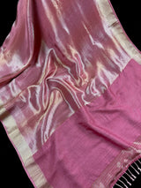Statement Handmade Mauve Pink Color Saree with thin Striped Banarasi Satin Tissue Silk Saree - Kaash