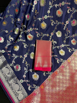 Statement Handmade Navy Blue Color Banarasi Semi Katan Silk Saree with Meenakari and Muted Gold Zari Weave - Kaash