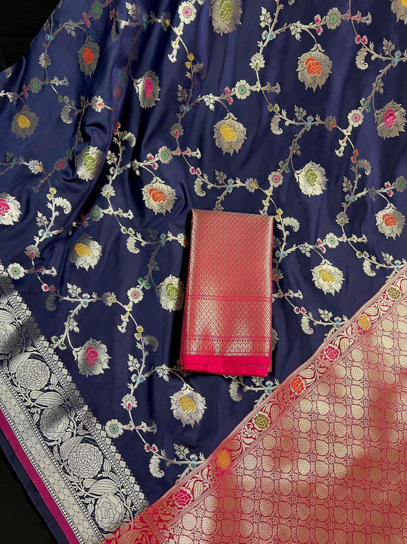 Statement Handmade Navy Blue Color Banarasi Semi Katan Silk Saree with Meenakari and Muted Gold Zari Weave - Kaash