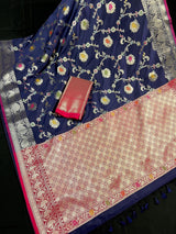 Statement Handmade Navy Blue Color Banarasi Semi Katan Silk Saree with Meenakari and Muted Gold Zari Weave - Kaash