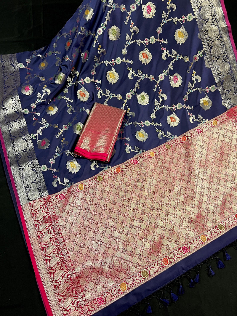 Statement Handmade Navy Blue Color Banarasi Semi Katan Silk Saree with Meenakari and Muted Gold Zari Weave - Kaash