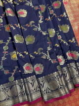 Statement Handmade Navy Blue Color Banarasi Semi Katan Silk Saree with Meenakari and Muted Gold Zari Weave - Kaash