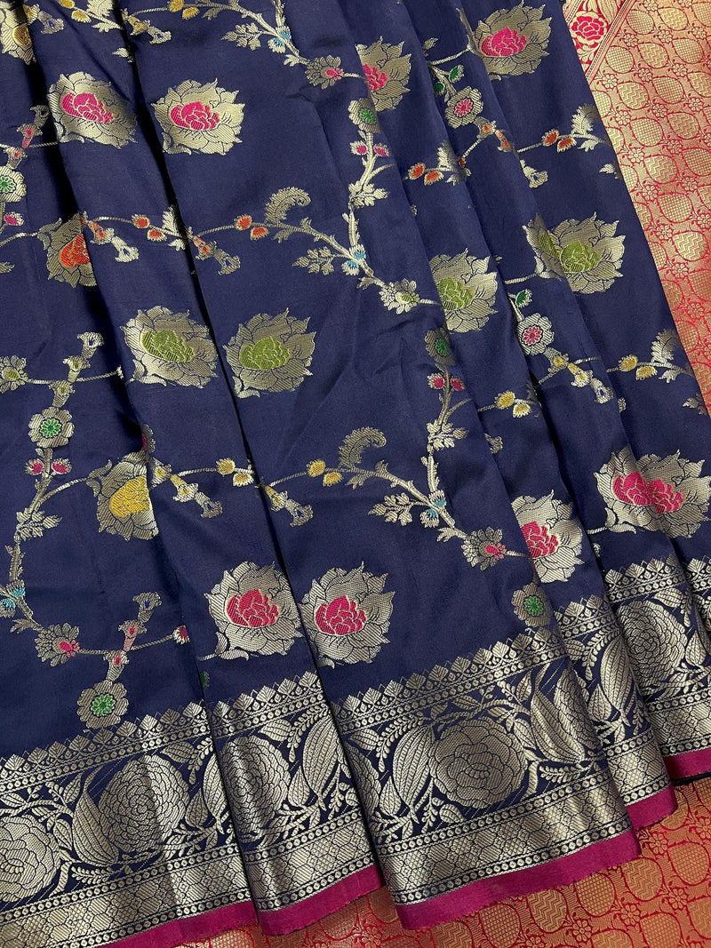 Statement Handmade Navy Blue Color Banarasi Semi Katan Silk Saree with Meenakari and Muted Gold Zari Weave - Kaash