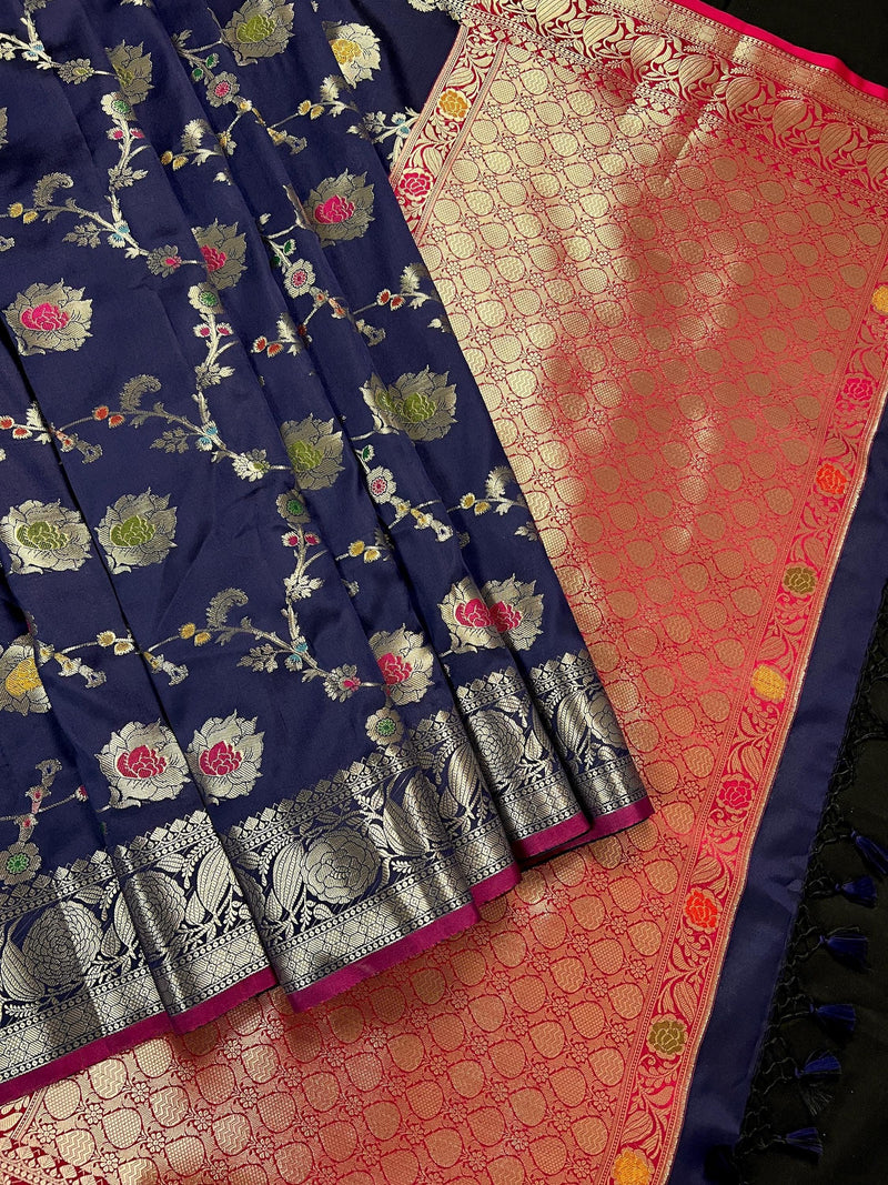 Statement Handmade Navy Blue Color Banarasi Semi Katan Silk Saree with Meenakari and Muted Gold Zari Weave - Kaash