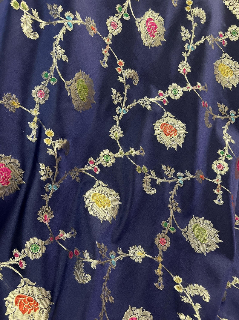 Statement Handmade Navy Blue Color Banarasi Semi Katan Silk Saree with Meenakari and Muted Gold Zari Weave - Kaash