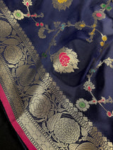 Statement Handmade Navy Blue Color Banarasi Semi Katan Silk Saree with Meenakari and Muted Gold Zari Weave - Kaash
