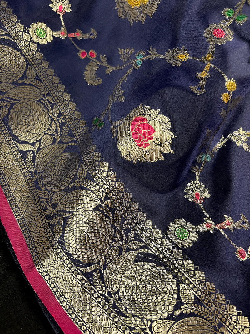 Statement Handmade Navy Blue Color Banarasi Semi Katan Silk Saree with Meenakari and Muted Gold Zari Weave - Kaash
