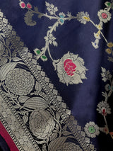 Statement Handmade Navy Blue Color Banarasi Semi Katan Silk Saree with Meenakari and Muted Gold Zari Weave - Kaash