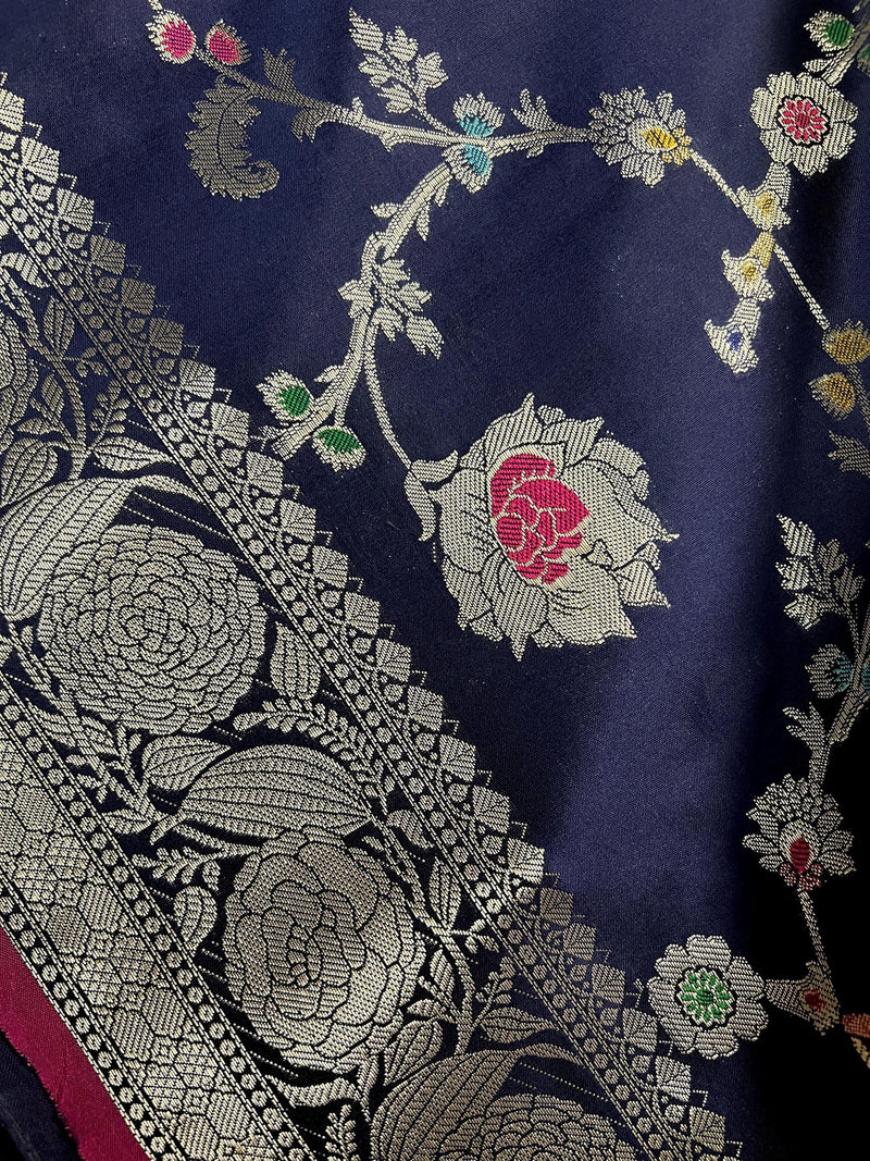 Statement Handmade Navy Blue Color Banarasi Semi Katan Silk Saree with Meenakari and Muted Gold Zari Weave - Kaash