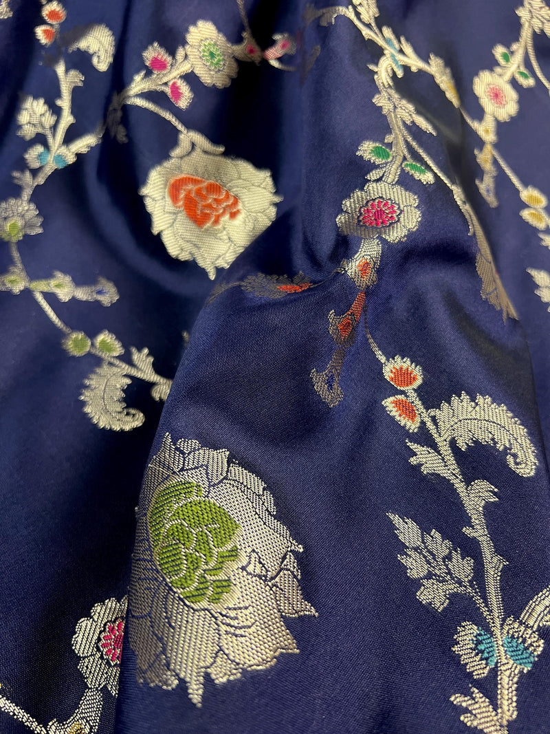 Statement Handmade Navy Blue Color Banarasi Semi Katan Silk Saree with Meenakari and Muted Gold Zari Weave - Kaash