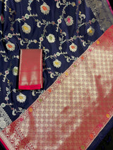 Statement Handmade Navy Blue Color Banarasi Semi Katan Silk Saree with Meenakari and Muted Gold Zari Weave - Kaash