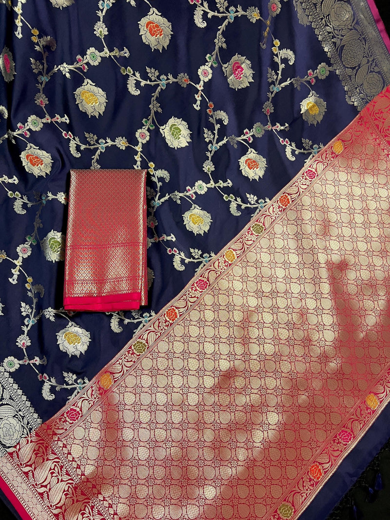Statement Handmade Navy Blue Color Banarasi Semi Katan Silk Saree with Meenakari and Muted Gold Zari Weave - Kaash
