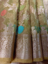 Olive Gold Green Banarasi saree in banarasi organza tissue silk with meenakari jaal pattern on organza tissue — Kaash Collection