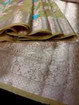 Olive Gold Green Banarasi saree in banarasi organza tissue silk with meenakari jaal pattern on organza tissue — Kaash Collection