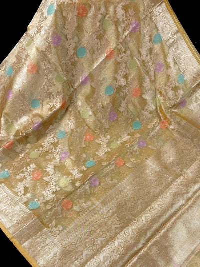Olive Gold Green Banarasi saree in banarasi organza tissue silk with meenakari jaal pattern on organza tissue — Kaash Collection