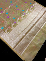 Olive Gold Green Banarasi saree in banarasi organza tissue silk with meenakari jaal pattern on organza tissue — Kaash Collection