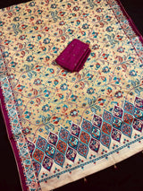 Statement Handmade Pastel Beige Color Soft Organza Tissue Silk Saree with Floral Prints - Kaash