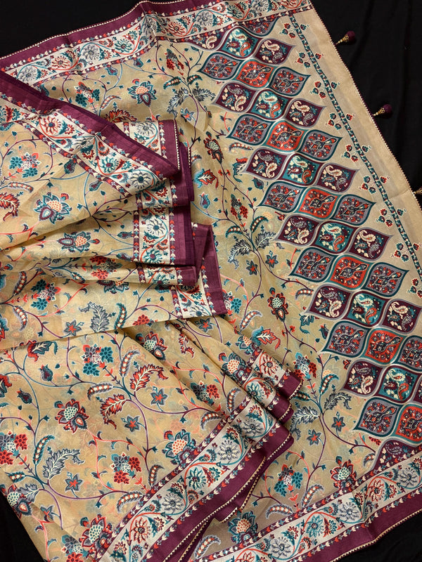 Statement Handmade Pastel Beige Color Soft Organza Tissue Silk Saree with Floral Prints | Purple Color Satin Borders | Tissue Silk Saree - Kaash