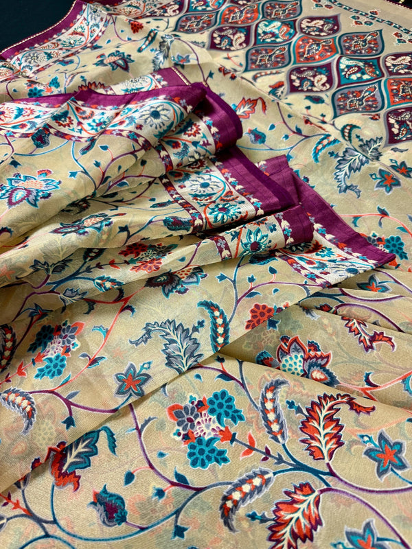 Statement Handmade Pastel Beige Color Soft Organza Tissue Silk Saree with Floral Prints | Purple Color Satin Borders | Tissue Silk Saree - Kaash