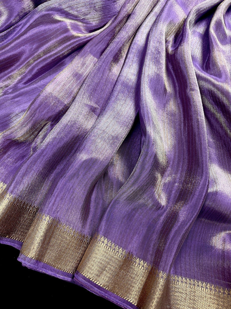 Pastel Lavender Striped Tissue saree in banarasi soft satin tissue silk with thin stripes in gold & platinum zari — Kaash Collection