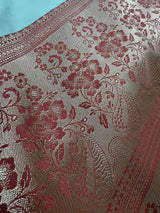 Pastel Sea Blue with Wine Pallu Banarasi saree in banarasi semi katan silk with meenakari with gold zari weave — Kaash Collection