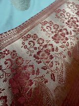 Pastel Sea Blue with Wine Pallu Banarasi saree in banarasi semi katan silk with meenakari with gold zari weave — Kaash Collection