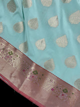 Pastel Sea Blue with Wine Pallu Banarasi saree in banarasi semi katan silk with meenakari with gold zari weave — Kaash Collection