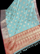 Pastel Sea Blue with Wine Pallu Banarasi saree in banarasi semi katan silk with meenakari with gold zari weave — Kaash Collection