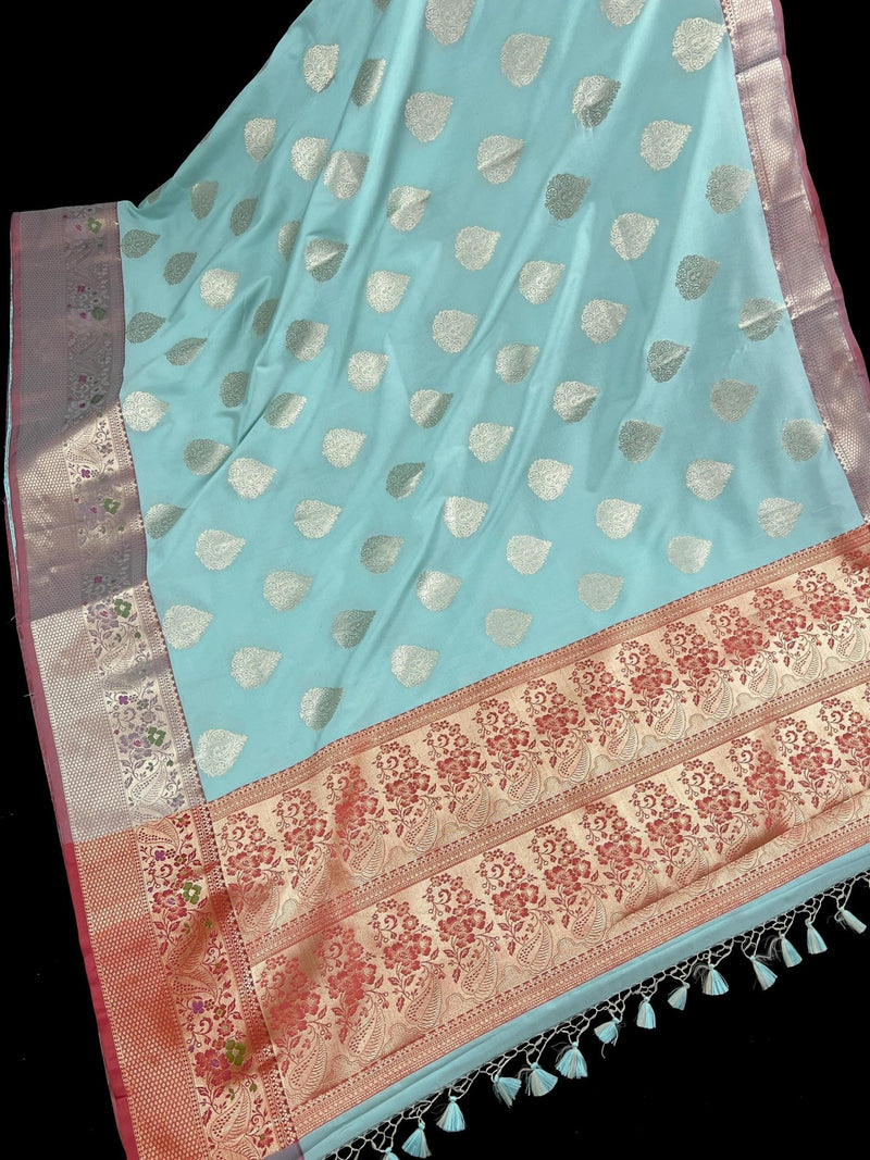 Pastel Sea Blue with Wine Pallu Banarasi saree in banarasi semi katan silk with meenakari with gold zari weave — Kaash Collection