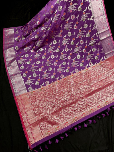 Purple Banarasi saree in banarasi semi katan silk with meenakari with muted gold zari floral jaal — Kaash Collection