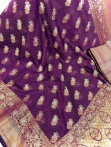 Statement Handmade Purple Color Banarasi Semi Silk Saree with Copper and Sliver Zari Weave - Kaash