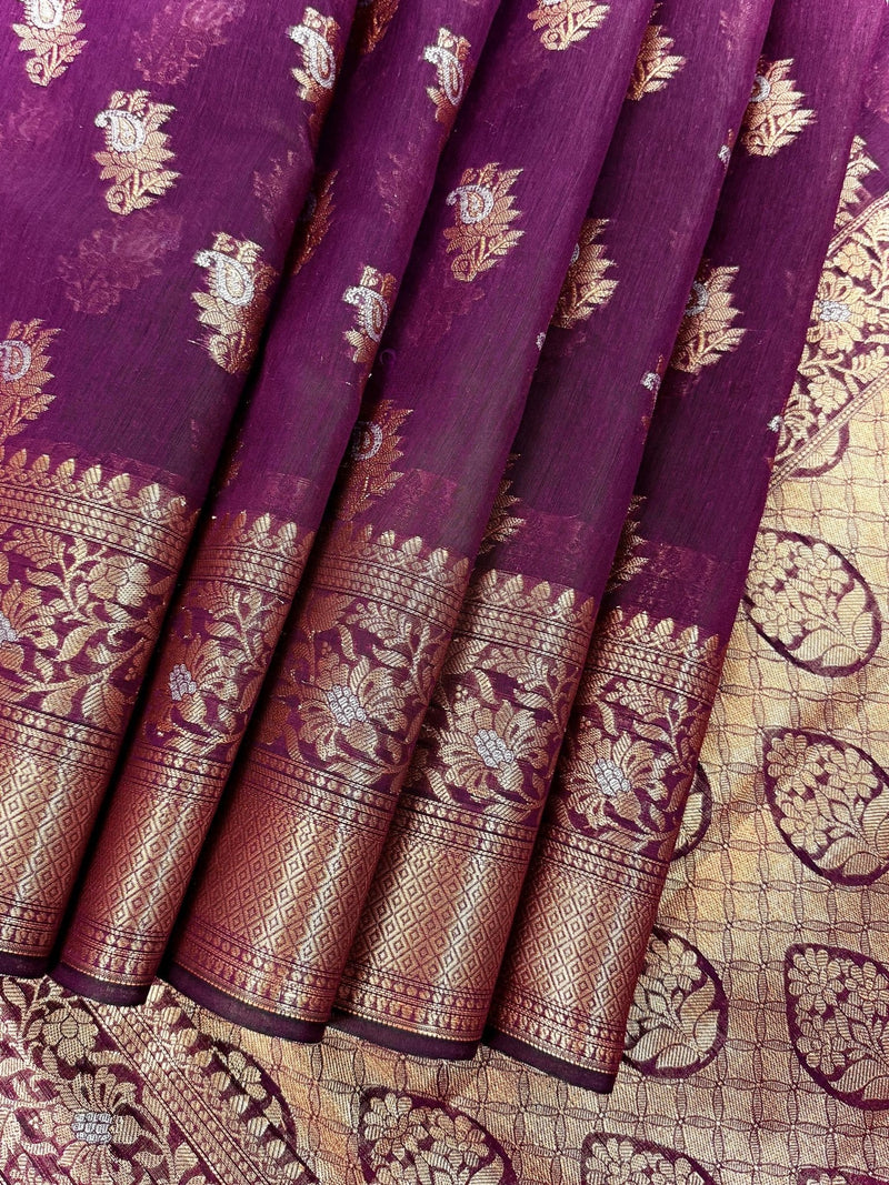 Statement Handmade Purple Color Banarasi Semi Silk Saree with Copper and Sliver Zari Weave - Kaash