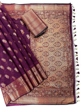 Statement Handmade Purple Color Banarasi Semi Silk Saree with Copper and Sliver Zari Weave - Kaash