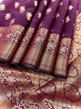 Statement Handmade Purple Color Banarasi Semi Silk Saree with Copper and Sliver Zari Weave - Kaash