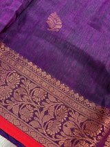 Statement Handmade Purple Color Handloom Bengal Linen Saree with Red Borders and Cooper Zari Weaving | Linen Saree | Handwoven Sarees - Kaash