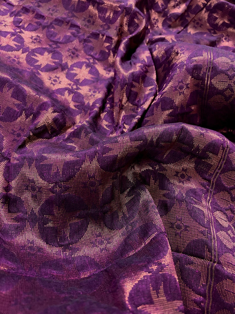 Statement Handmade Purple Color Handloom Bengal Linen Saree with Red Borders and Cooper Zari Weaving | Linen Saree | Handwoven Sarees - Kaash